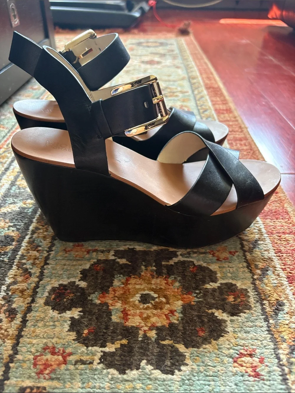Michael Kors Black Crisscross Wedge Sandals with Gold Buckle